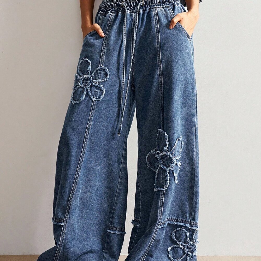 Dark Wash Women's Plus Size Casual Floral Print Drawstring Waist Wide Leg Pants - Picture 3 of 8